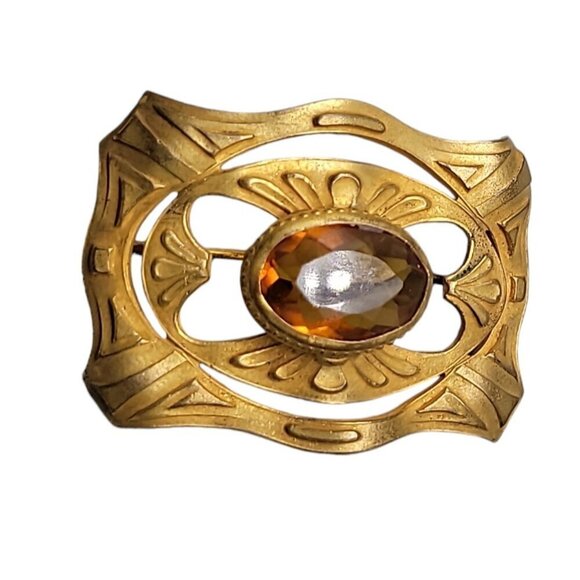 Buckle Style Czech Glass Brooch Light Brown Boho Stone Gold Tone Setting - Picture 4 of 10